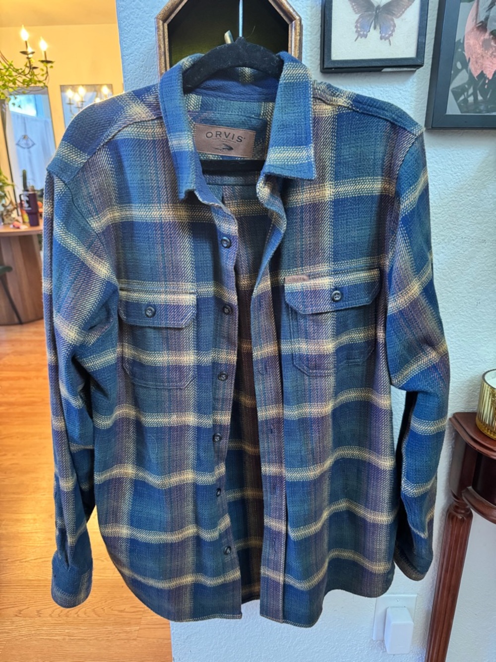 Orvis Blue and Tan Plaid Shirt Collar Label